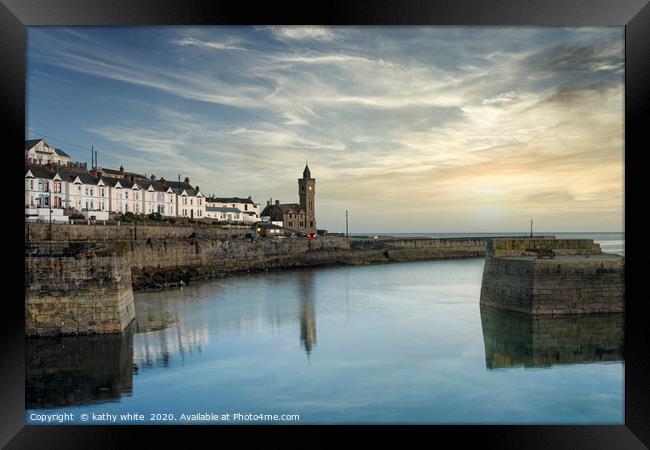 Porthleven Clock tower at sunset,long exposure cor Framed Print by kathy white