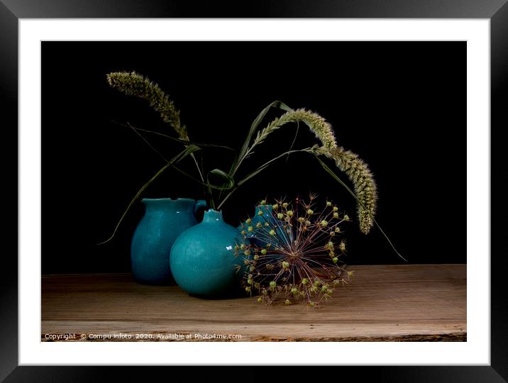 still life with three blue vases, ears of corn Framed Mounted Print by Chris Willemsen