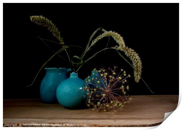 still life with three blue vases, ears of corn Print by Chris Willemsen