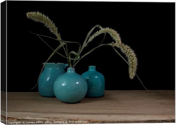 still life with three blue vases, ears of corn on  Canvas Print by Chris Willemsen