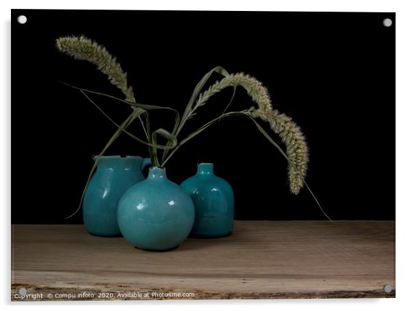 still life with three blue vases, ears of corn on  Acrylic by Chris Willemsen