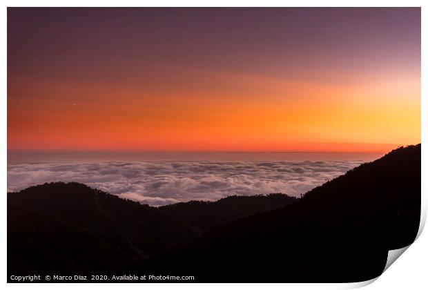 Sunset and sea of clouds Print by Marco Diaz