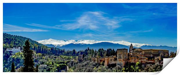 Alhambra Palace and Mountains Print by peter tachauer