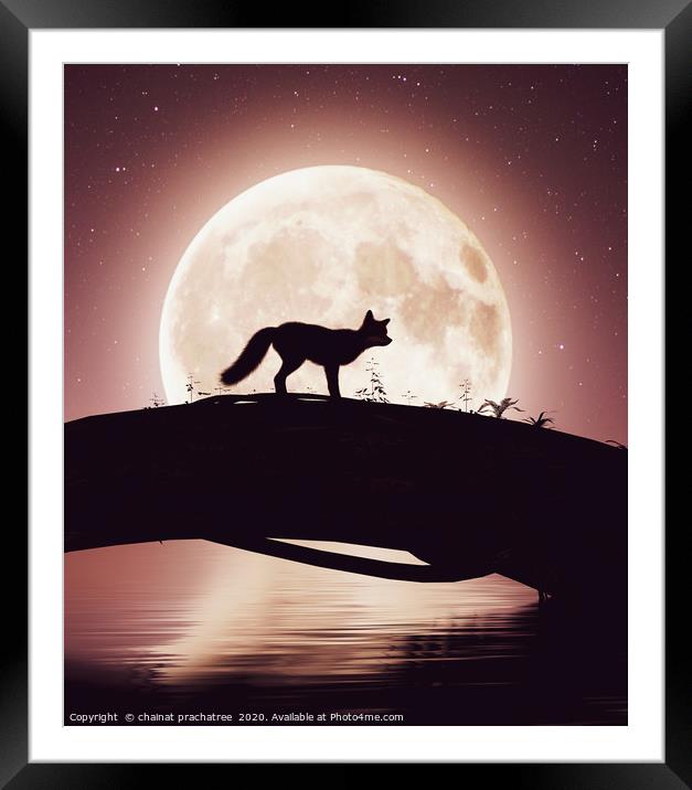 Little fox crossing a river on a tree trunk under  Framed Mounted Print by chainat prachatree