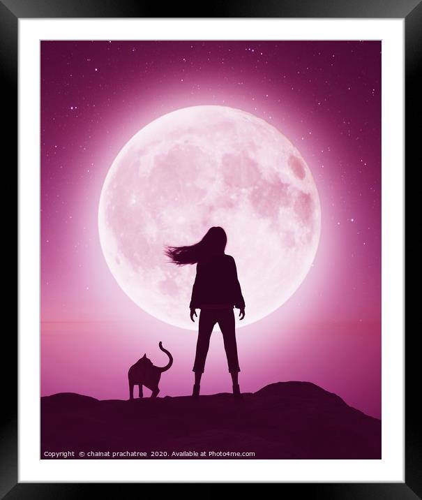Girl with the cat on the cliff looking to the moon Framed Mounted Print by chainat prachatree