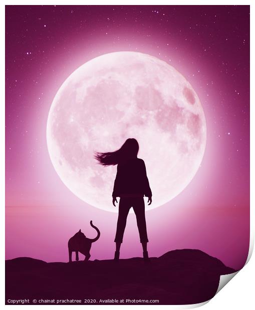Girl with the cat on the cliff looking to the moon Print by chainat prachatree