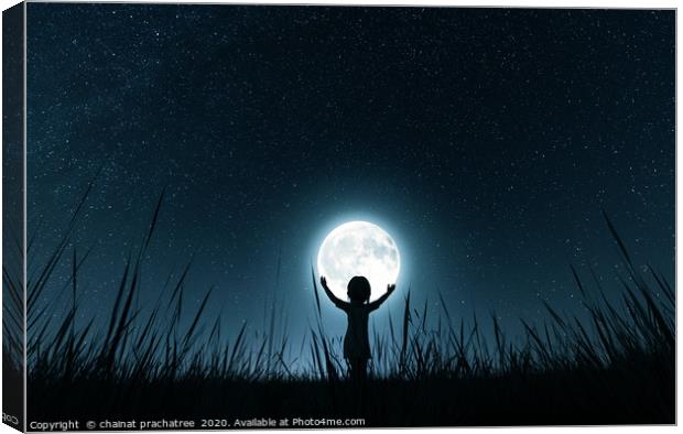 Girl holding the moon in starry night,3d rendering Canvas Print by chainat prachatree
