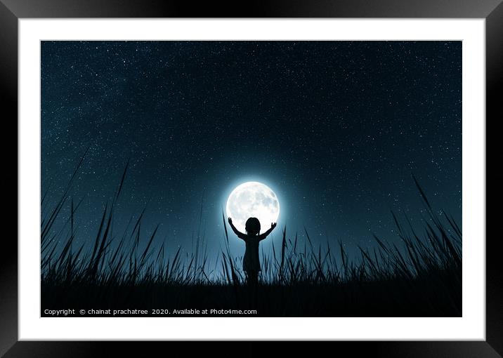 Girl holding the moon in starry night,3d rendering Framed Mounted Print by chainat prachatree