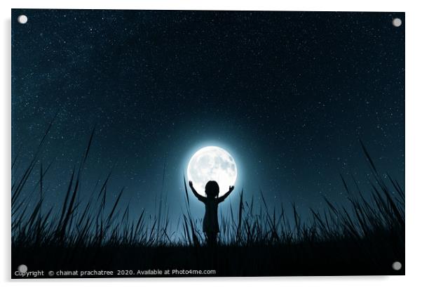 Girl holding the moon in starry night,3d rendering Acrylic by chainat prachatree