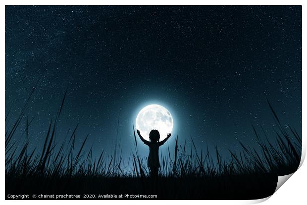Girl holding the moon in starry night,3d rendering Print by chainat prachatree