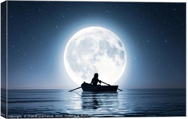 Girl on row boat on the sea under the moonlight,3d Canvas Print by chainat prachatree