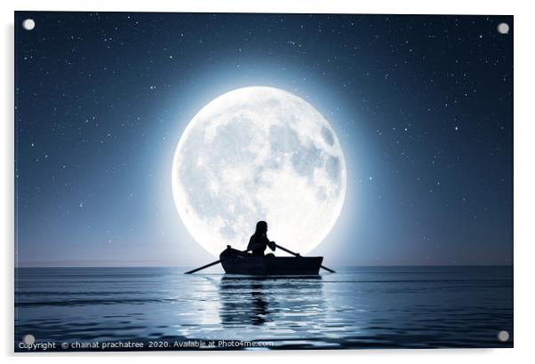 Girl on row boat on the sea under the moonlight,3d Acrylic by chainat prachatree