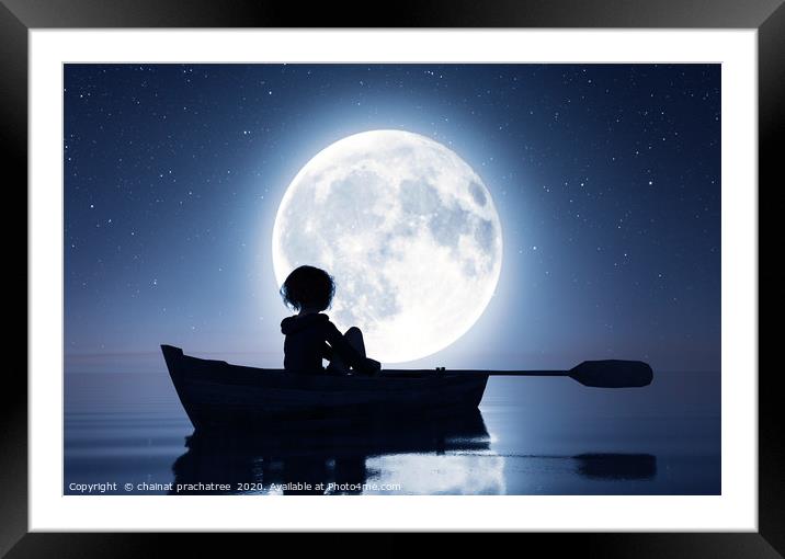Girl on row boat on the sea under the moonlight,3d Framed Mounted Print by chainat prachatree