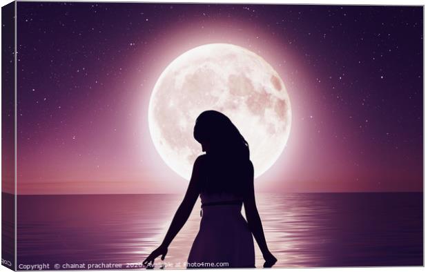 Girl walking on the water under the moonlight,3d r Canvas Print by chainat prachatree