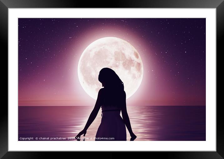 Girl walking on the water under the moonlight,3d r Framed Mounted Print by chainat prachatree