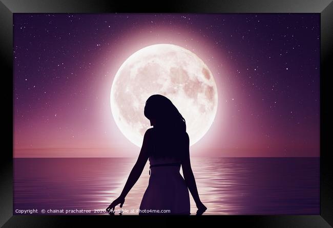 Girl walking on the water under the moonlight,3d r Framed Print by chainat prachatree