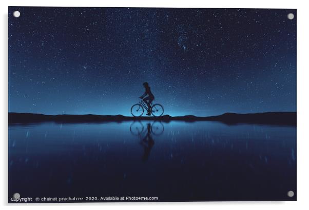 Silhouette of young woman cyclist at night sky,3d  Acrylic by chainat prachatree