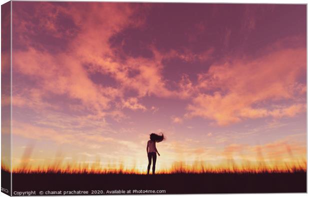 Woman walking alone at sunset,3d rendering Canvas Print by chainat prachatree