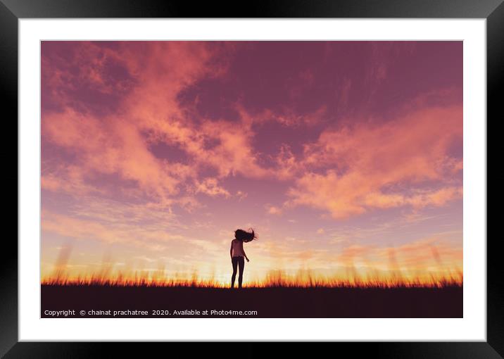 Woman walking alone at sunset,3d rendering Framed Mounted Print by chainat prachatree