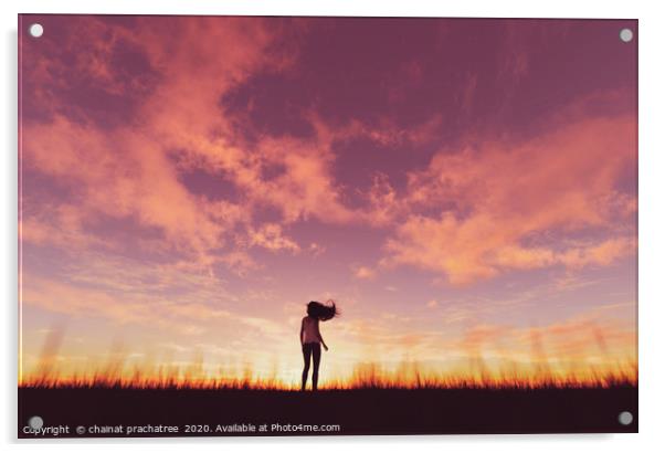 Woman walking alone at sunset,3d rendering Acrylic by chainat prachatree
