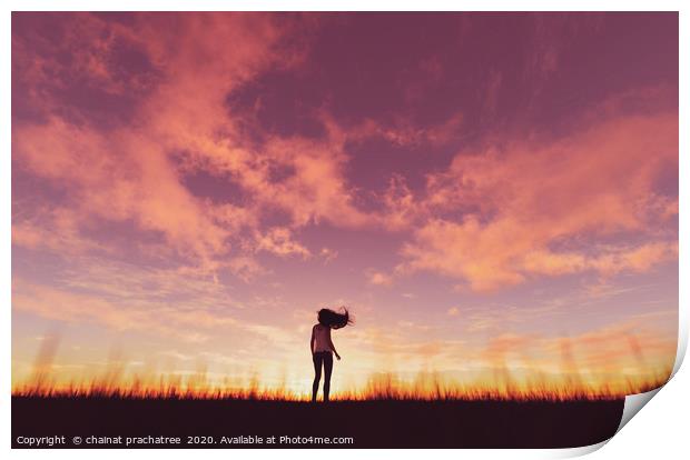 Woman walking alone at sunset,3d rendering Print by chainat prachatree
