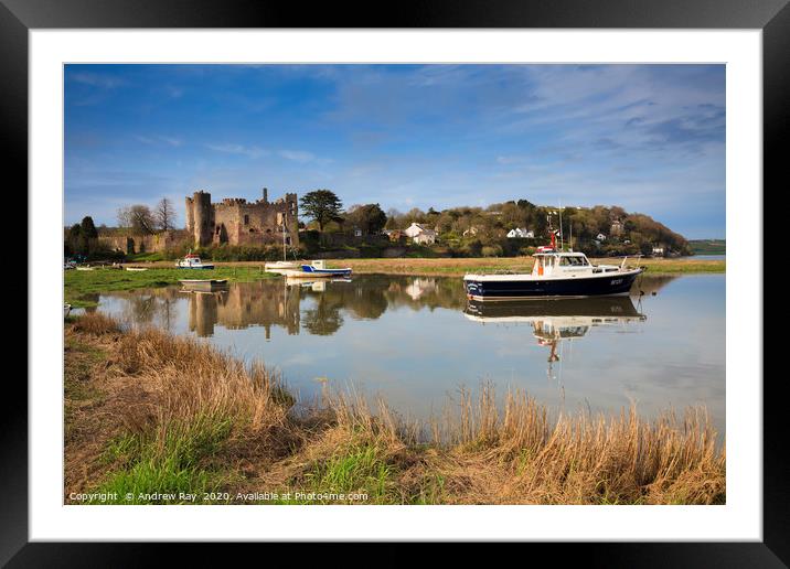 Laugharne Castle at high tide Framed Mounted Print by Andrew Ray