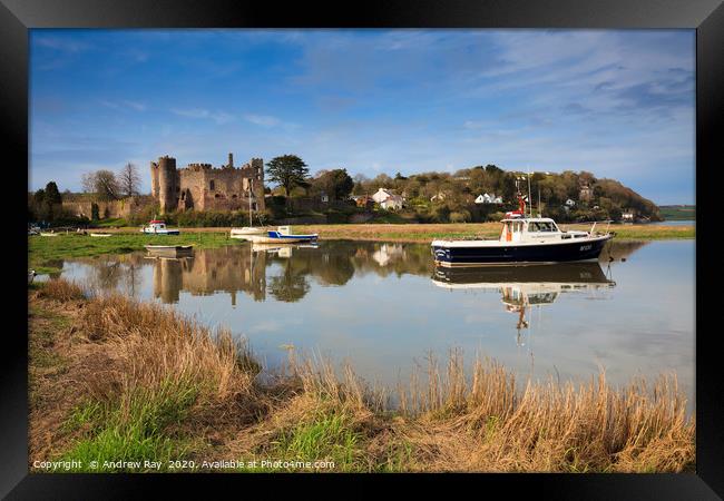 Laugharne Castle at high tide Framed Print by Andrew Ray