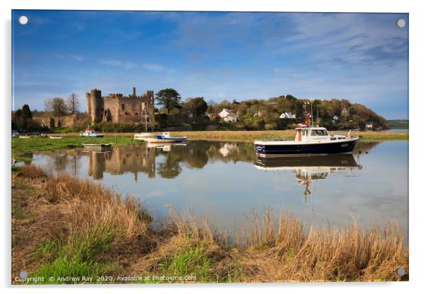 Laugharne Castle at high tide Acrylic by Andrew Ray
