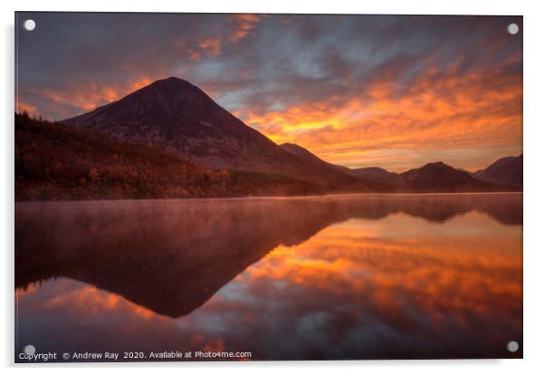 Sunrise reflections (Crummock Water). Acrylic by Andrew Ray