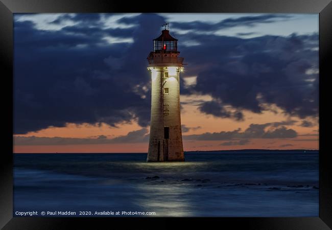 New Brighton Lighthouse At Sunset Framed Print by Paul Madden