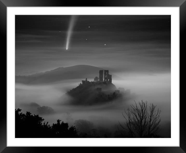 Corfe Castle Comet Mono Framed Mounted Print by David Neighbour