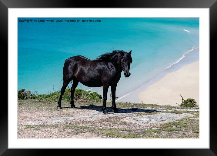 Majestic Black Horse Galloping on Cornwalls  Framed Mounted Print by kathy white