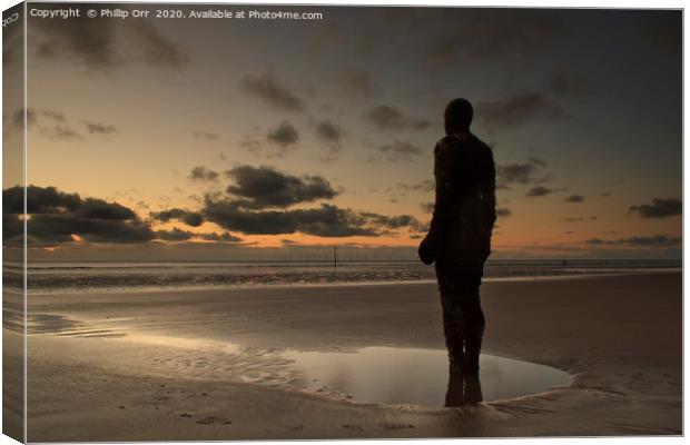 One of Antony Gormley's Iron Men on Crosby Beach j Canvas Print by Phillip Orr