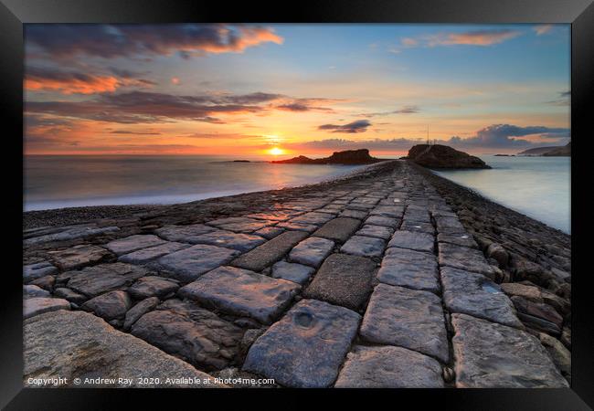 Bude Breakwater at sunset Framed Print by Andrew Ray