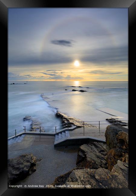 Sunbow over the swimming pool steps (Bude) Framed Print by Andrew Ray