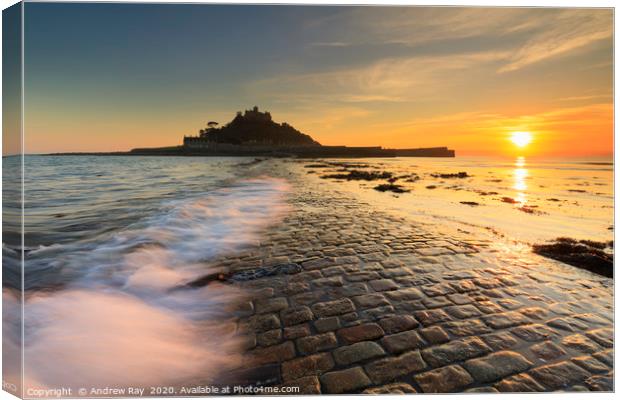 Breaking wave on the causeway (St Michael's Mount) Canvas Print by Andrew Ray