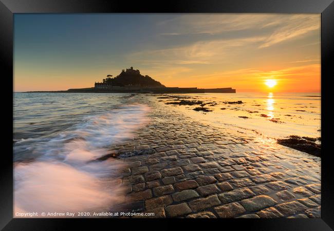 Breaking wave on the causeway (St Michael's Mount) Framed Print by Andrew Ray