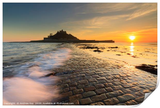 Breaking wave on the causeway (St Michael's Mount) Print by Andrew Ray
