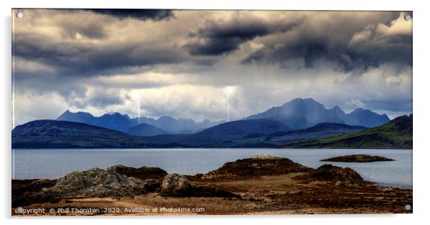 Storm clouds over the  Black & Red Cuillins. Acrylic by Phill Thornton