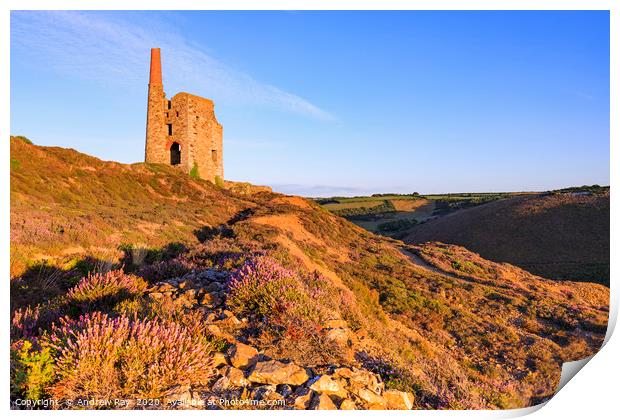 Evening light at Tywarnhyle Engine House Print by Andrew Ray