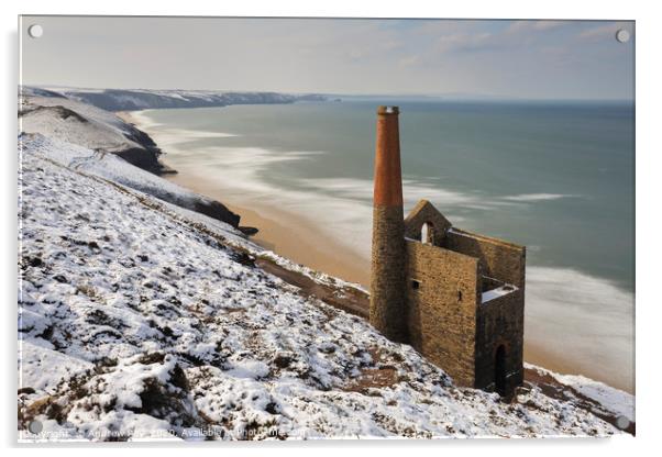 Snow on Perranporth Beach Acrylic by Andrew Ray