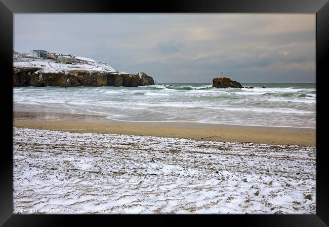 Snow on Perranporth Beach Framed Print by Andrew Ray