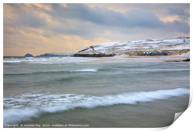 Snowy evening (Perranporth) Print by Andrew Ray