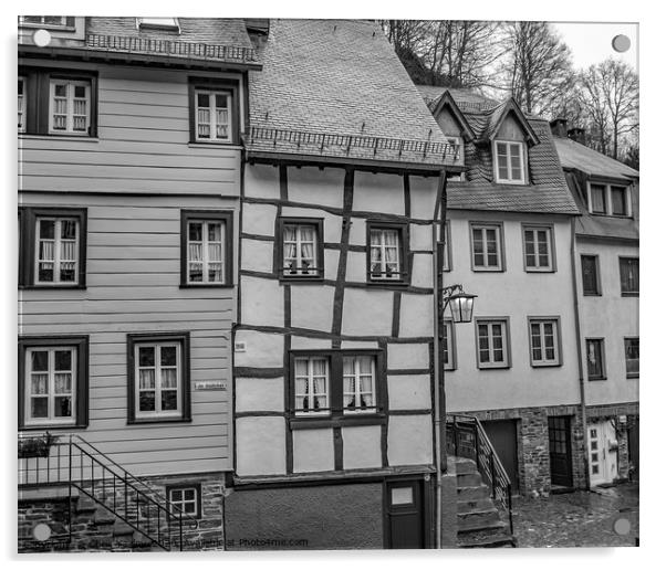 Crooked Tudor style buildings, Monschau Acrylic by Chris Yaxley