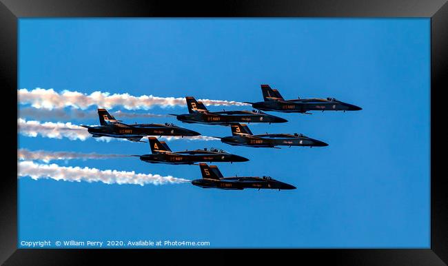 Blue Angels Close Flying Over Seattle Washington Framed Print by William Perry