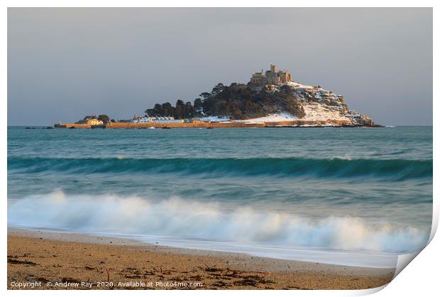 Snow on St Michael's Mount Print by Andrew Ray
