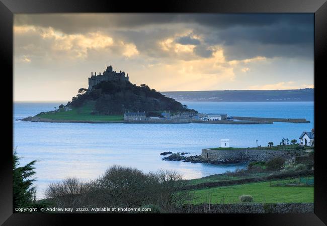 Towards the setting sun (St Michael's Mount) Framed Print by Andrew Ray