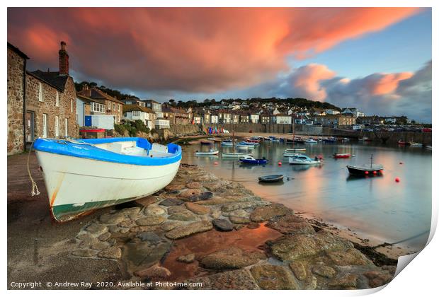 Mousehole Harbour at sunrise Print by Andrew Ray