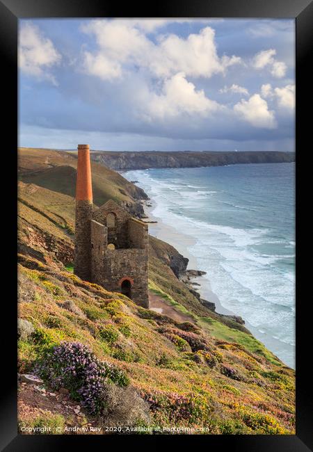 Storm clouds over Towanroath Engine House (Wheal C Framed Print by Andrew Ray