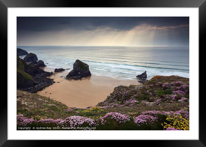 Shafts of light over the Bedruthan Steps Framed Mounted Print by Andrew Ray